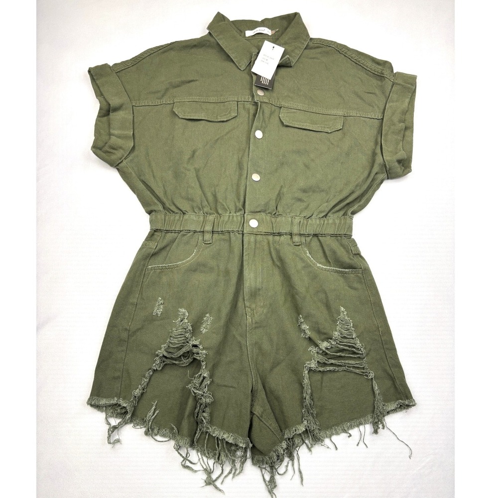Idem‎ Ditto Romper Womens Medium NWT Olive Green Distressed Denim Snap Front